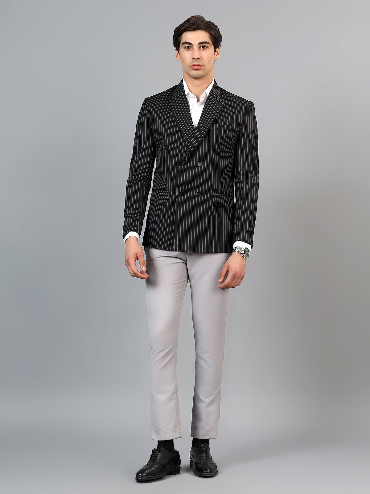 Men's Black Slim Fit Solid Double Breasted Striped Formal Blazer