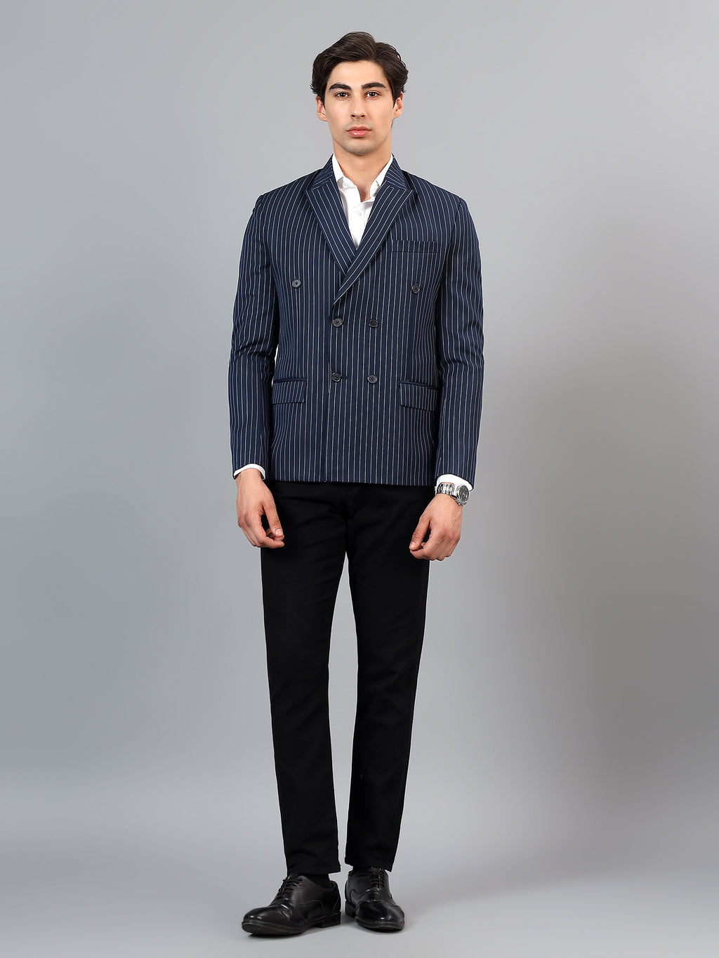 Men's Navy Blue Slim Fit Solid Double Breasted Striped Formal Blazer