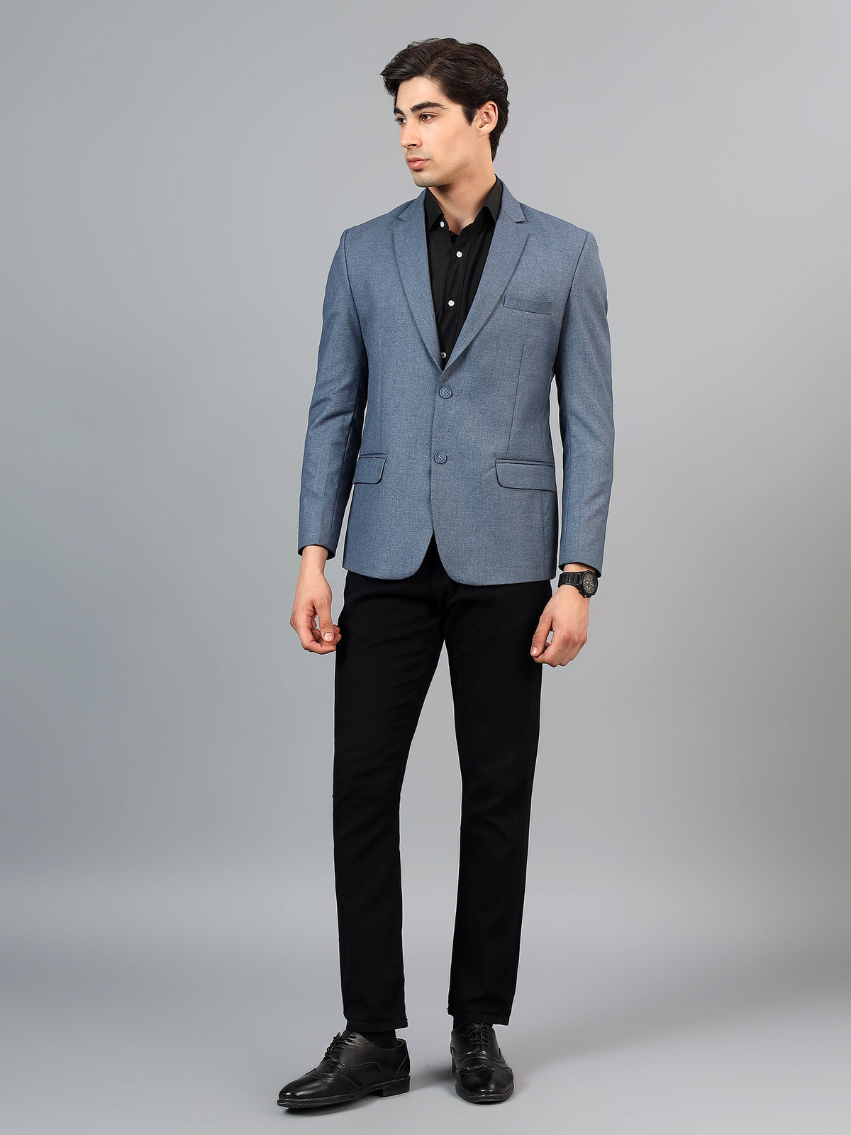 Men's Blue Slim Fit Solid Single Breasted Formal Blazer