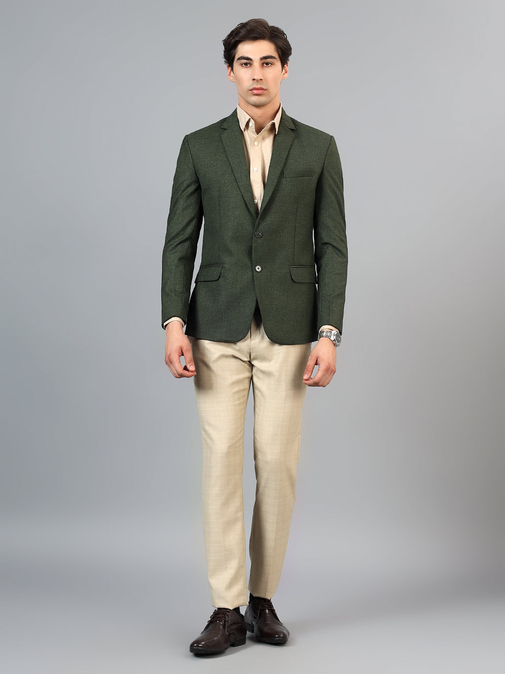 Men's Mehendi Green Grey Slim Fit Solid Single Breasted Formal Blazer