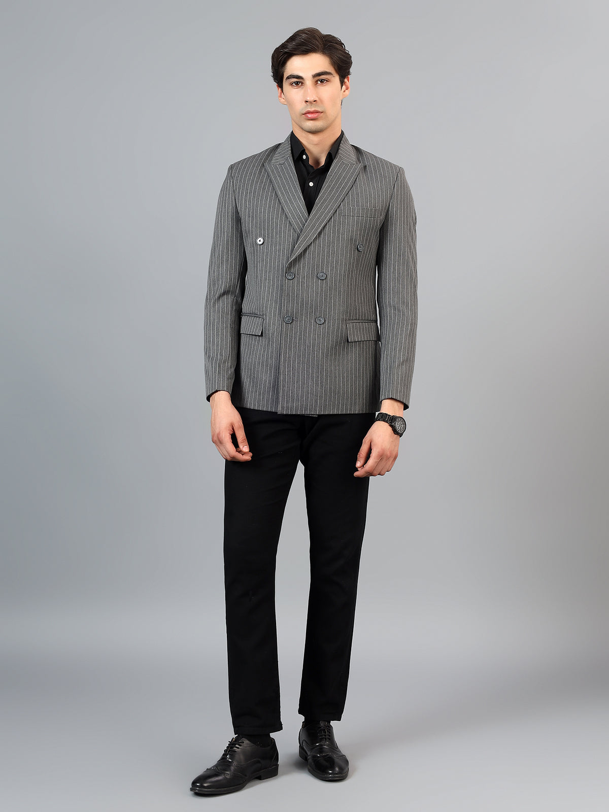 Men's Grey Slim Fit Solid Double Breasted Striped Formal Blazer