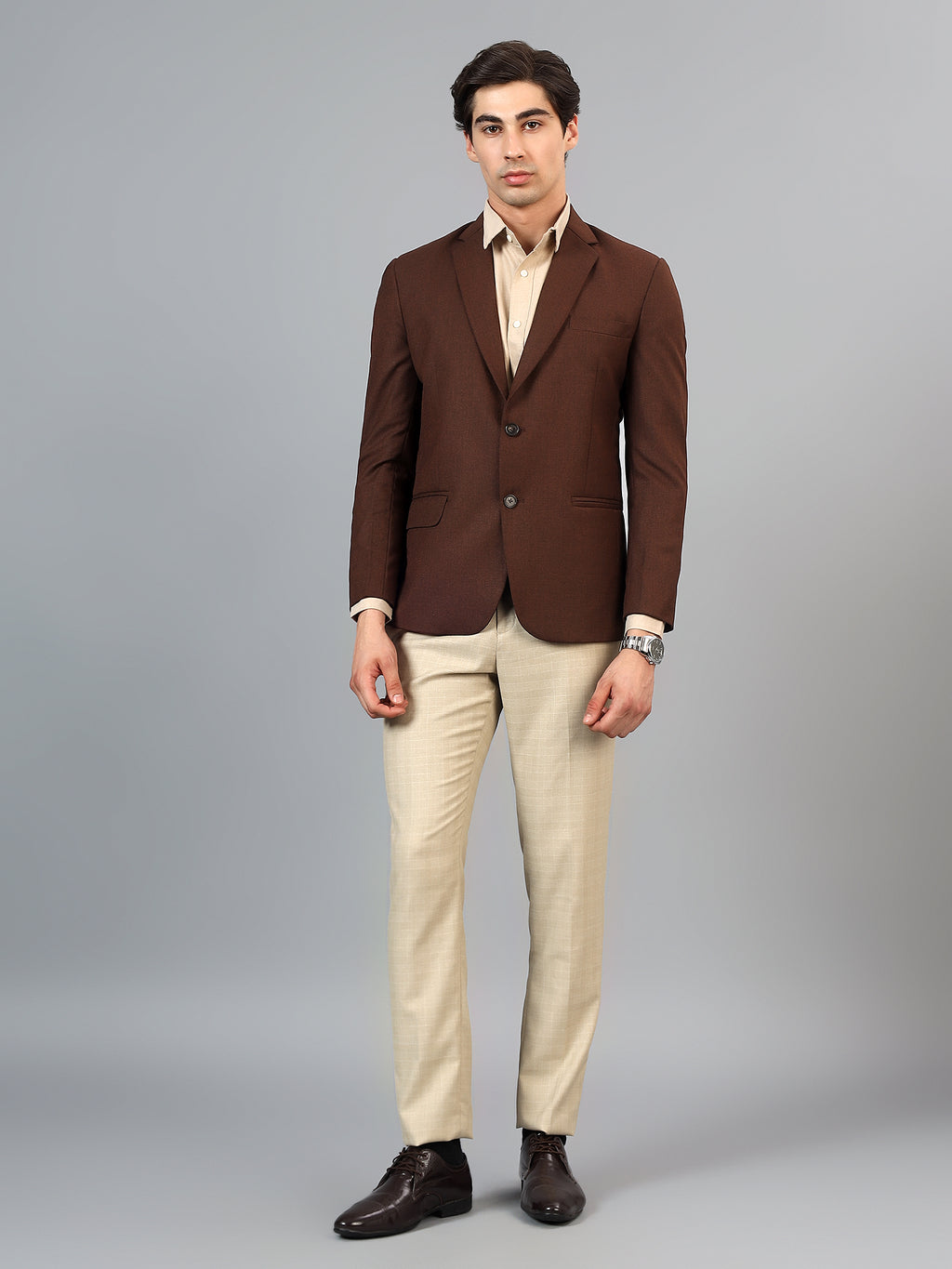 Men's Brown Slim Fit Solid Single Breasted Formal Blazer
