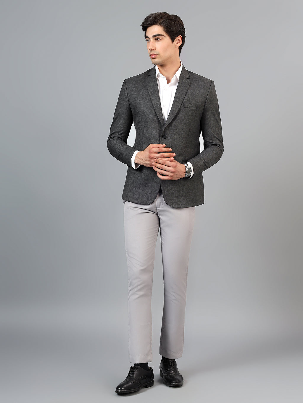 Men's Dark Grey Slim Fit Solid Single Breasted Formal Blazer