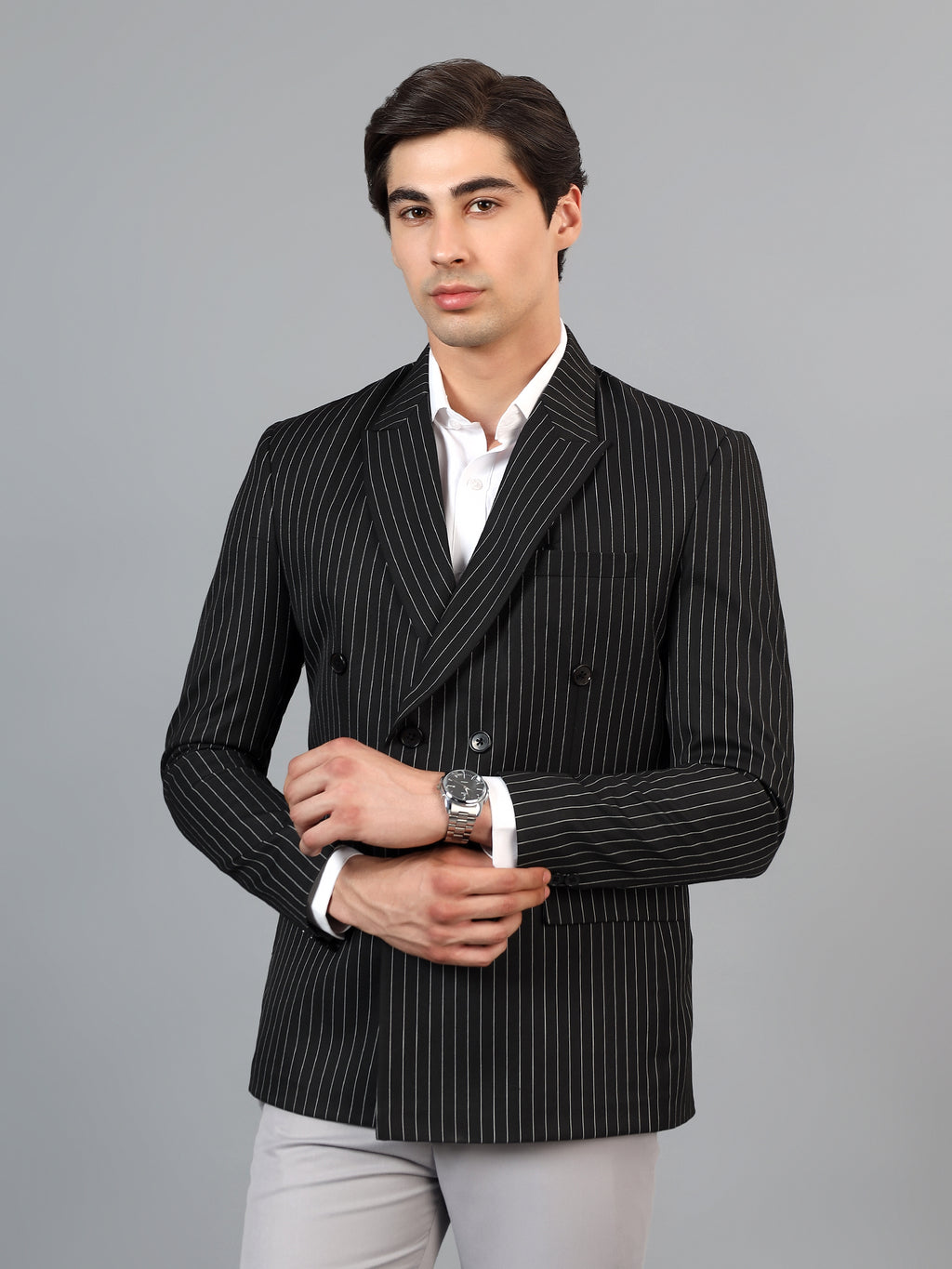 Men's Black Slim Fit Solid Double Breasted Striped Formal Blazer