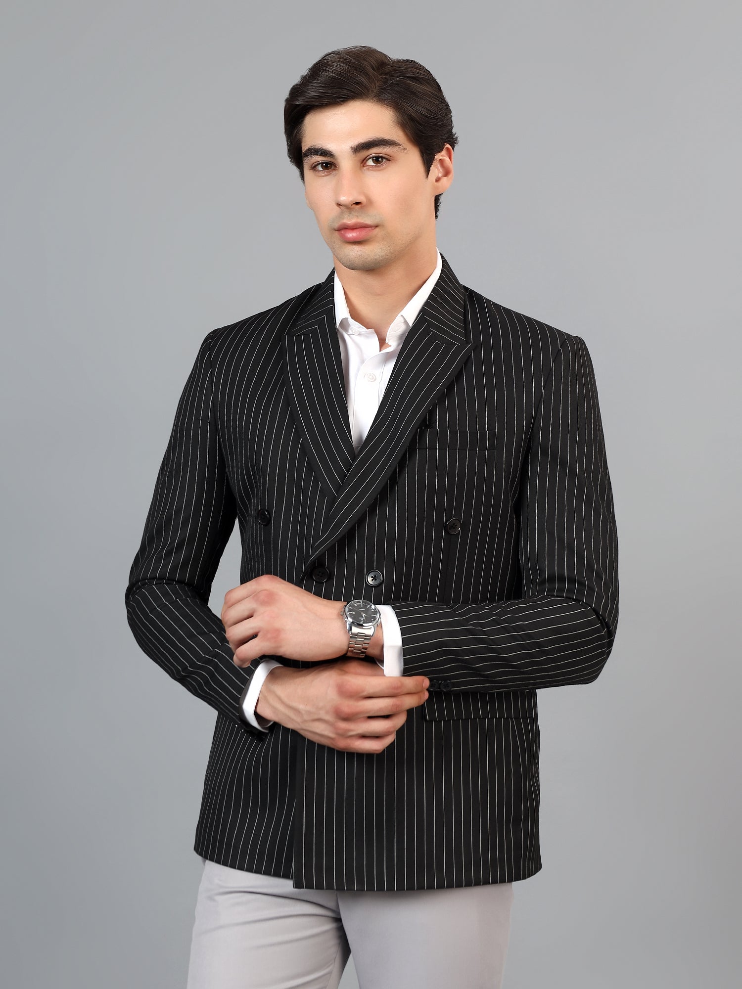 Men's Black Slim Fit Solid Double Breasted Striped Formal Blazer