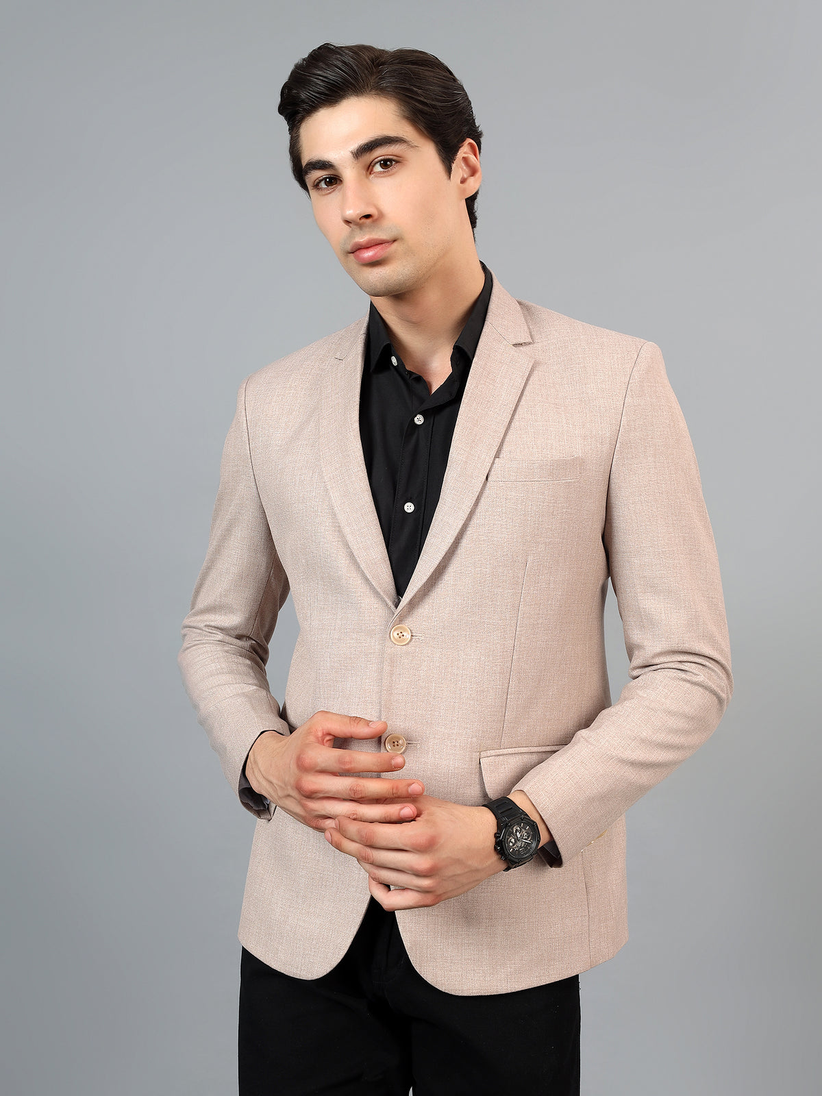 Men's Beige Slim Fit Solid Single Breasted Formal Blazer