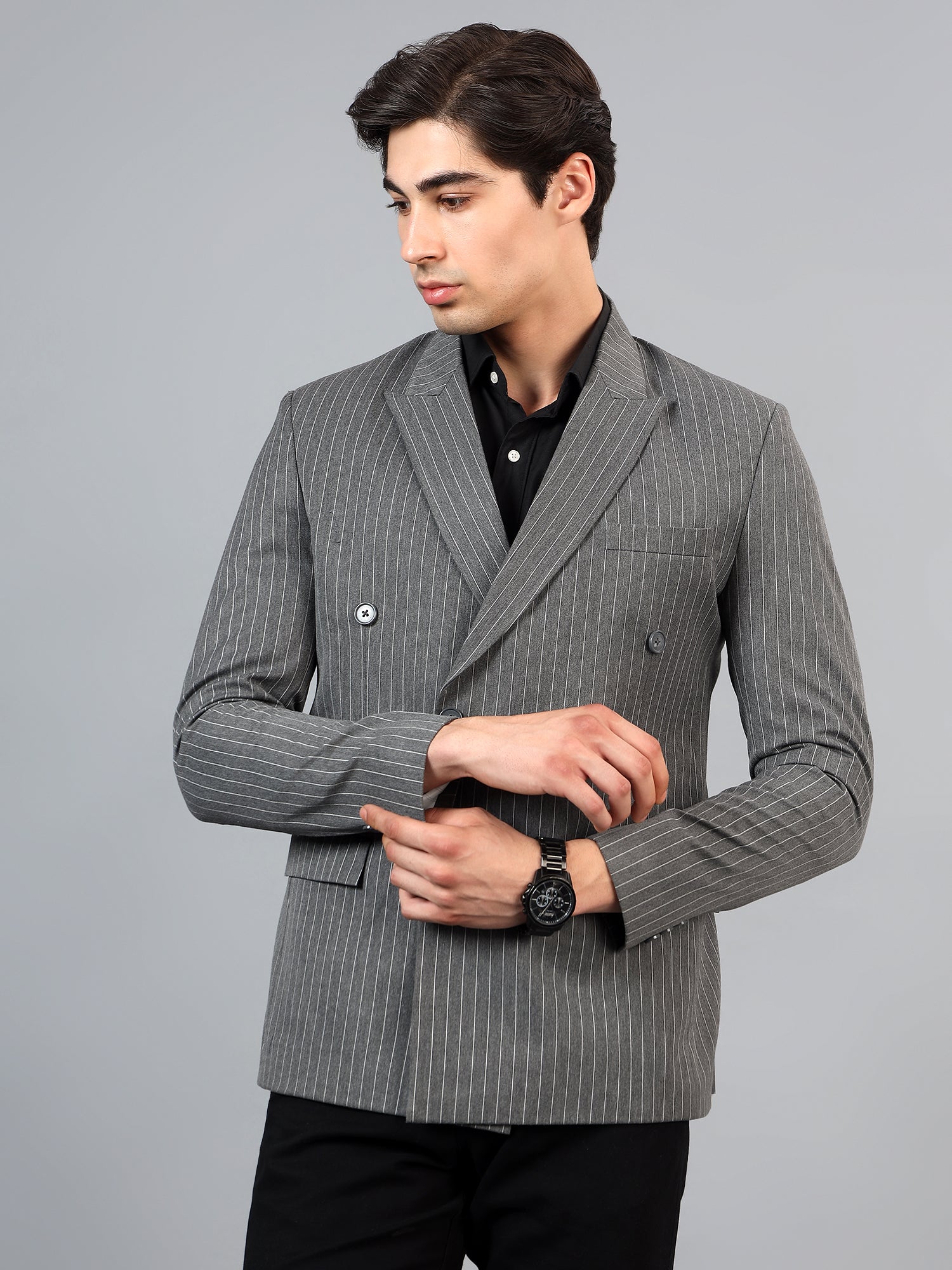 Men's Grey Slim Fit Solid Double Breasted Striped Formal Blazer