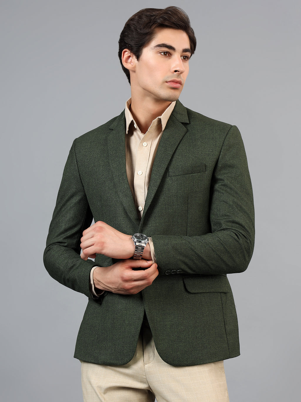 Men's Mehendi Green Grey Slim Fit Solid Single Breasted Formal Blazer