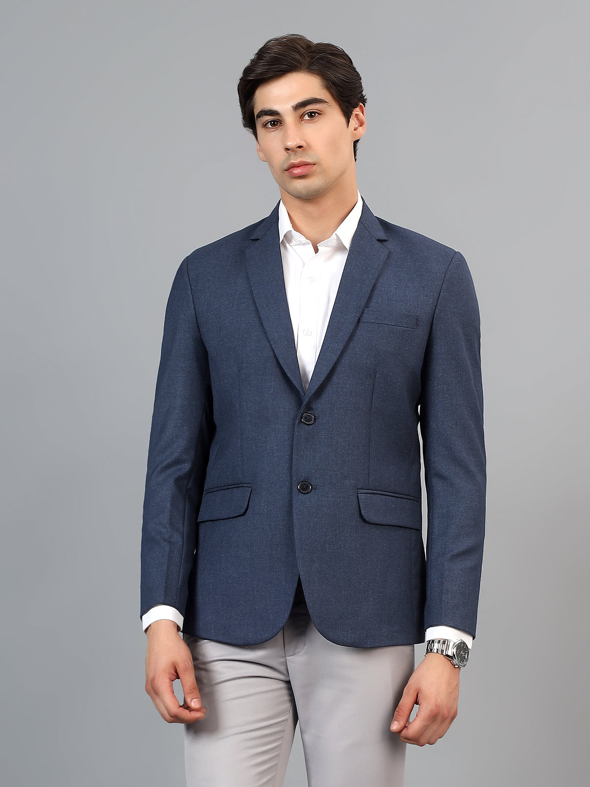 Men's Navy Blue Slim Fit Solid Single Breasted Formal Blazer