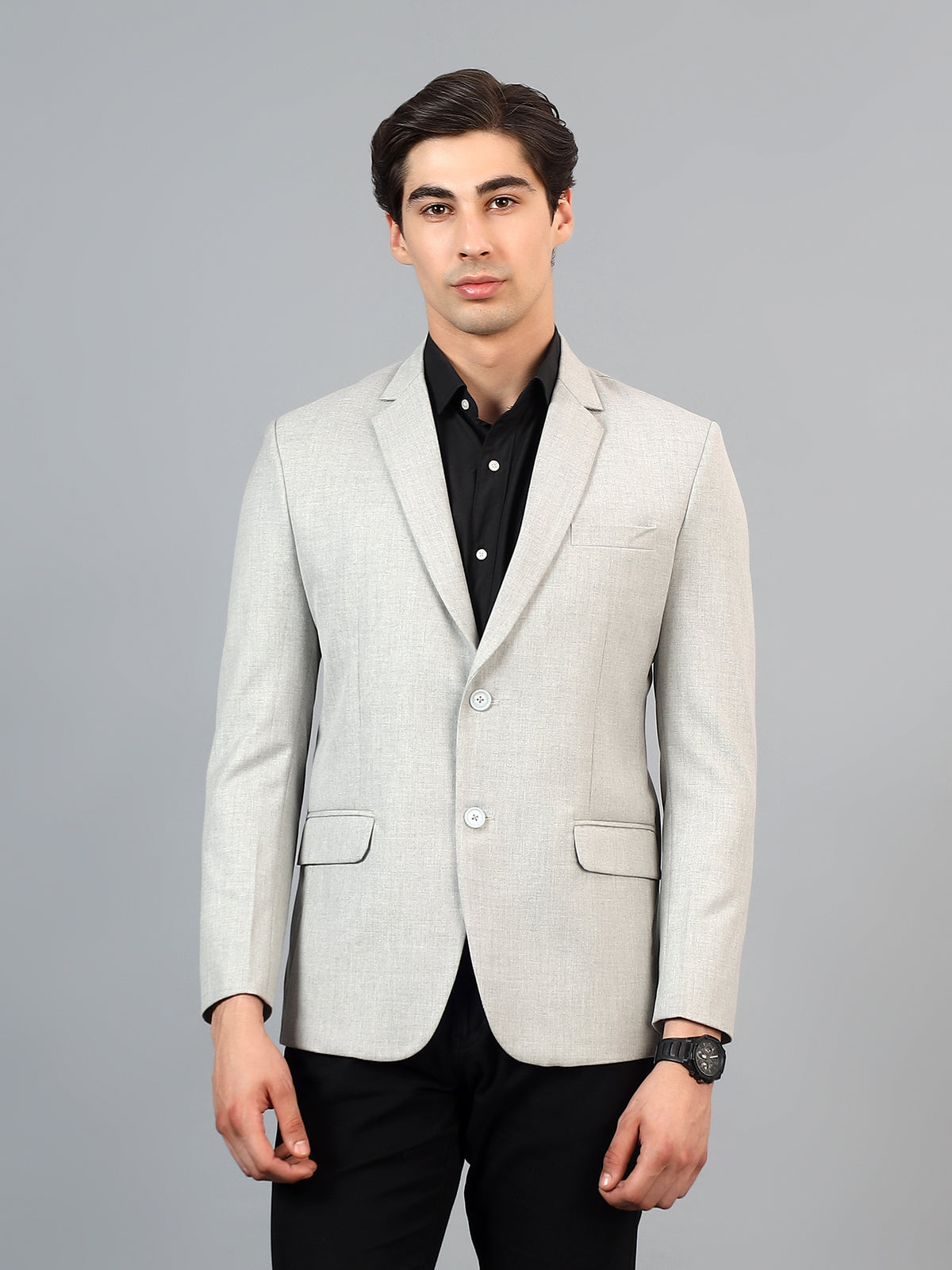 Men's LightGrey Slim Fit Solid Single Breasted Formal Blazer