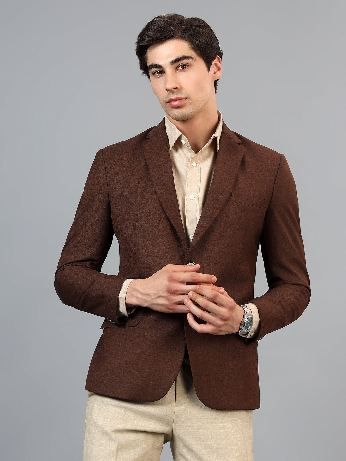 Men's Brown Slim Fit Solid Single Breasted Formal Blazer