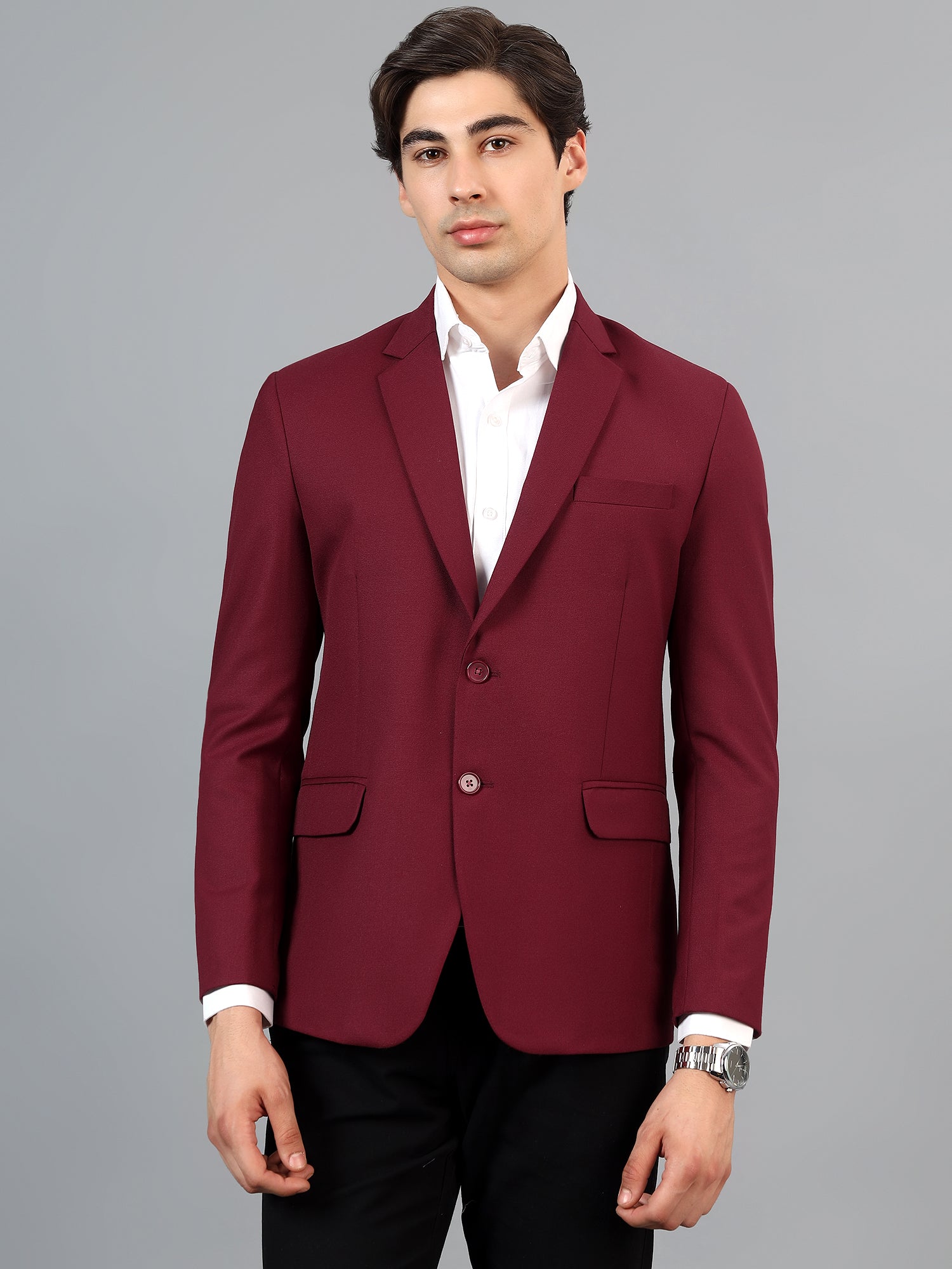 Men's Maroon Slim Fit Solid Single Breasted Formal Blazer