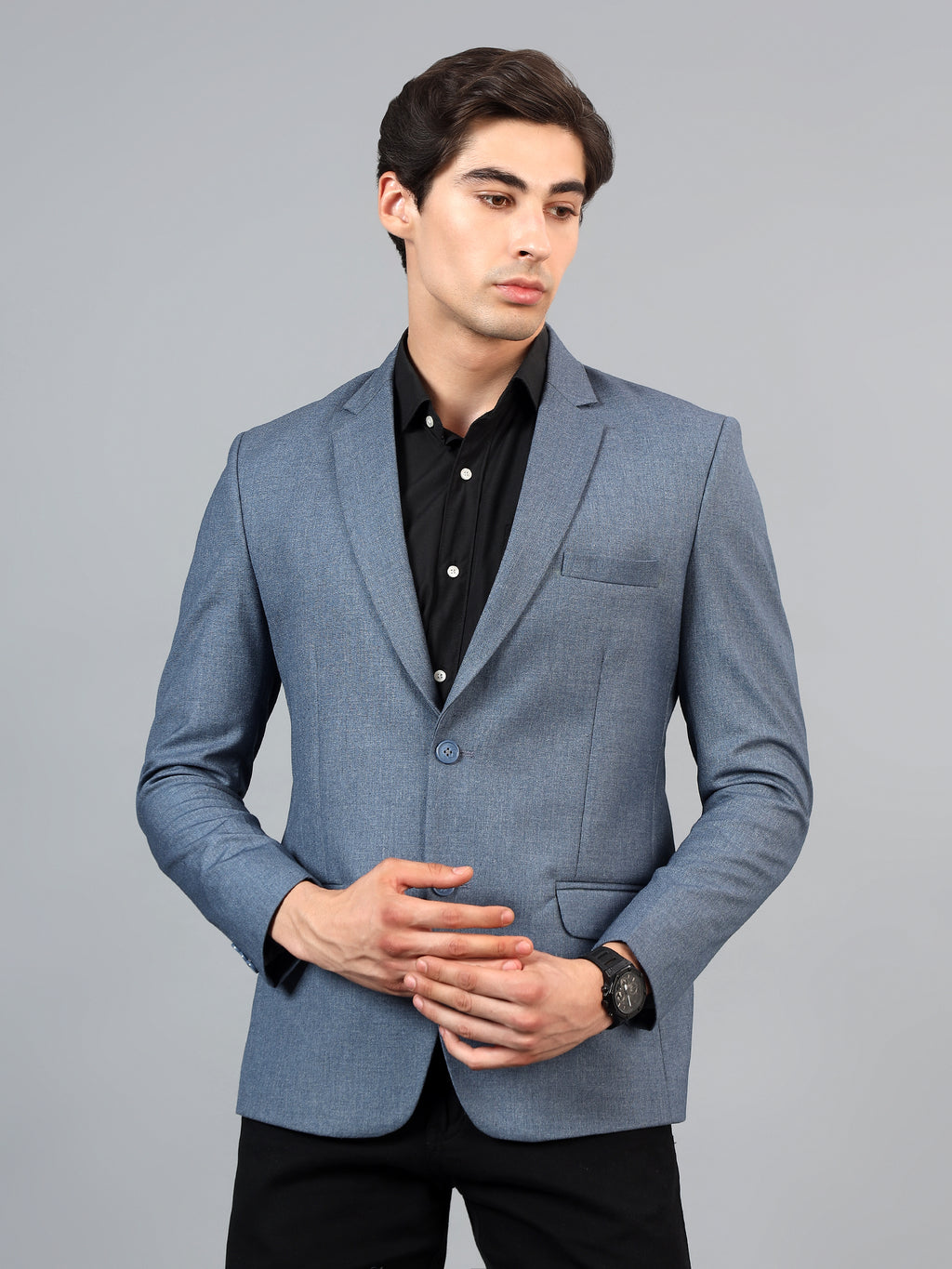 Men's Blue Slim Fit Solid Single Breasted Formal Blazer