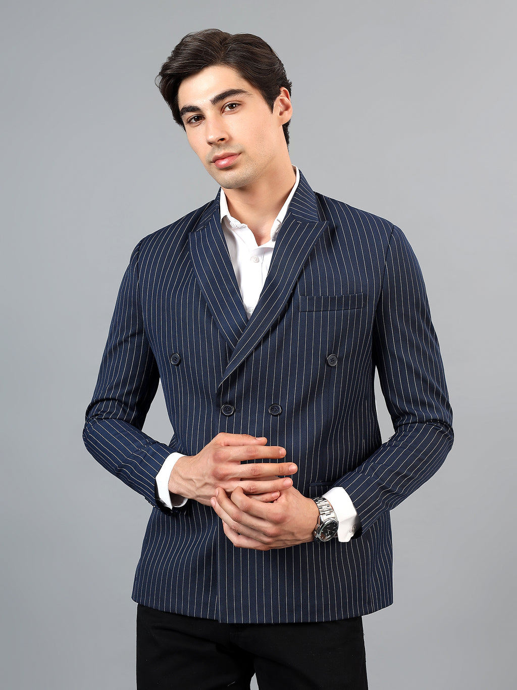 Men's Navy Blue Slim Fit Solid Double Breasted Striped Formal Blazer