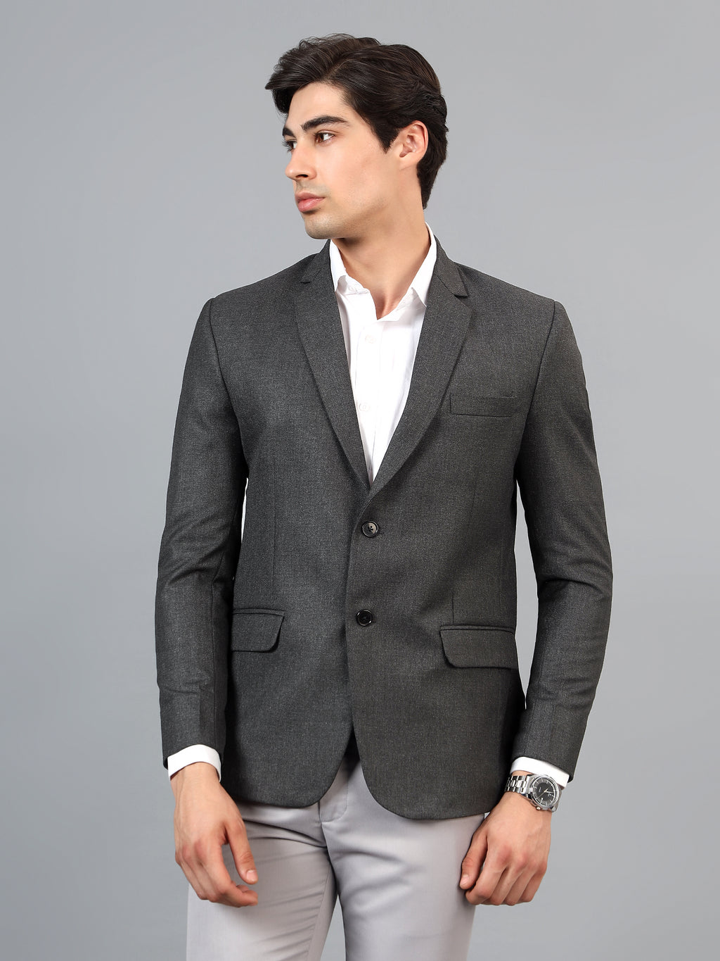 Men's Dark Grey Slim Fit Solid Single Breasted Formal Blazer