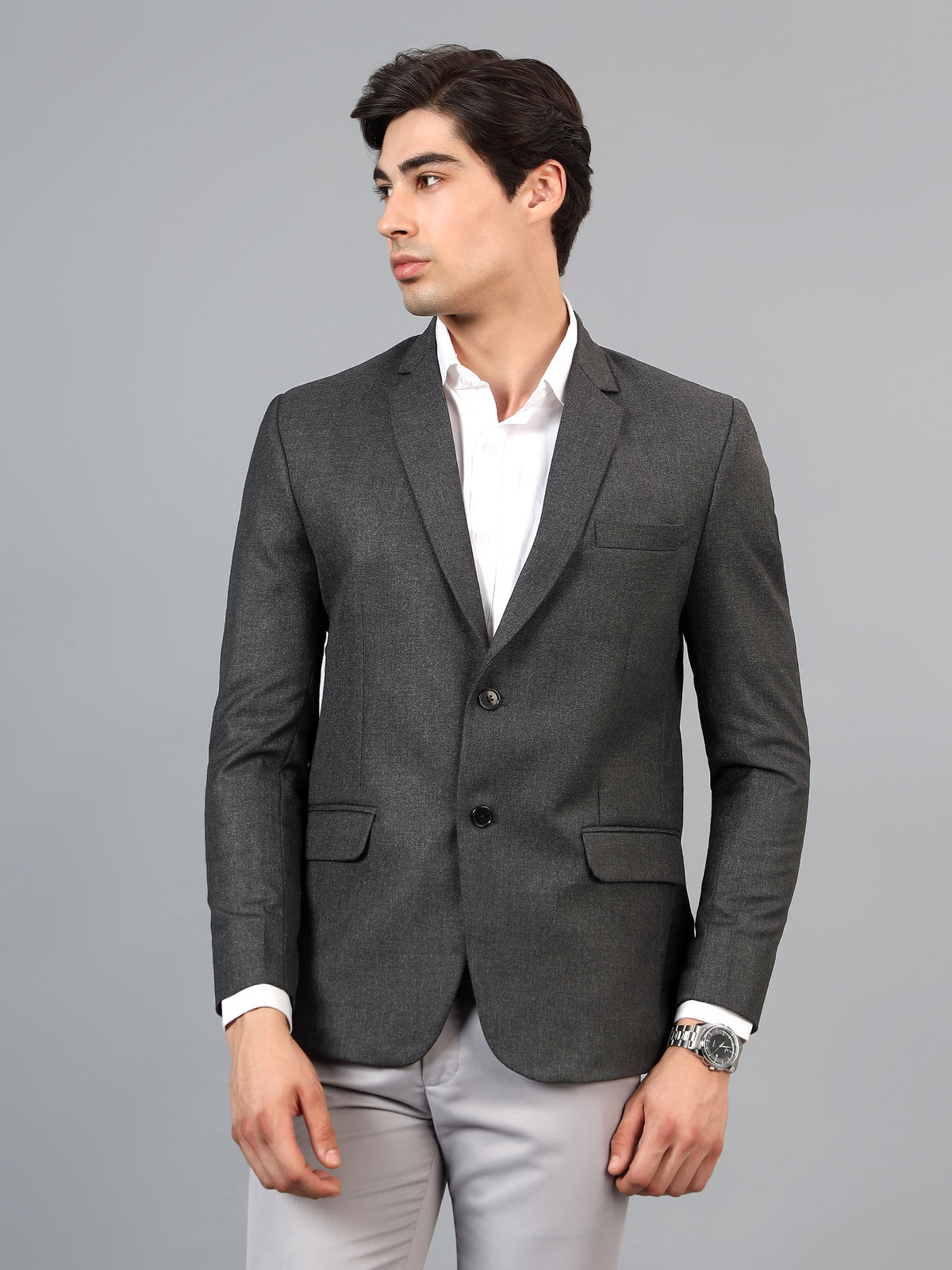 Men's Dark Grey Slim Fit Solid Single Breasted Formal Blazer