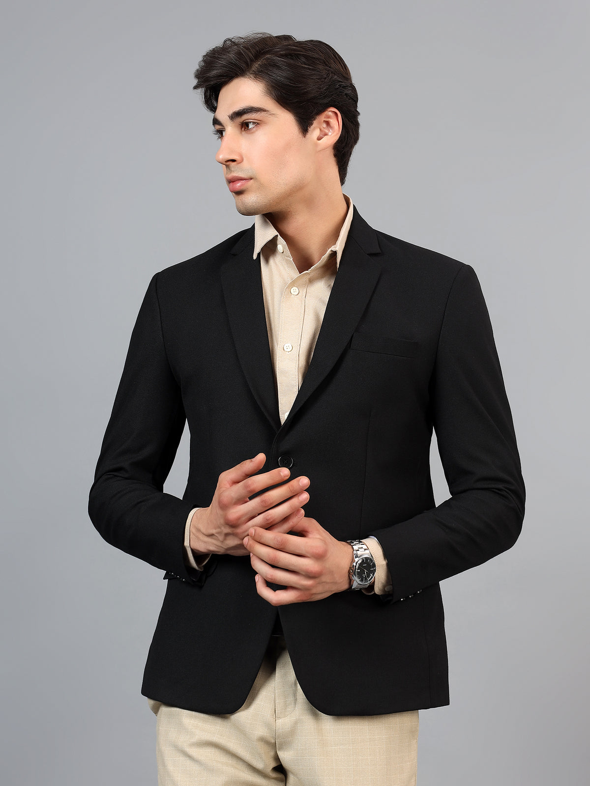 Men's Black Slim Fit Solid Single Breasted Formal Blazer