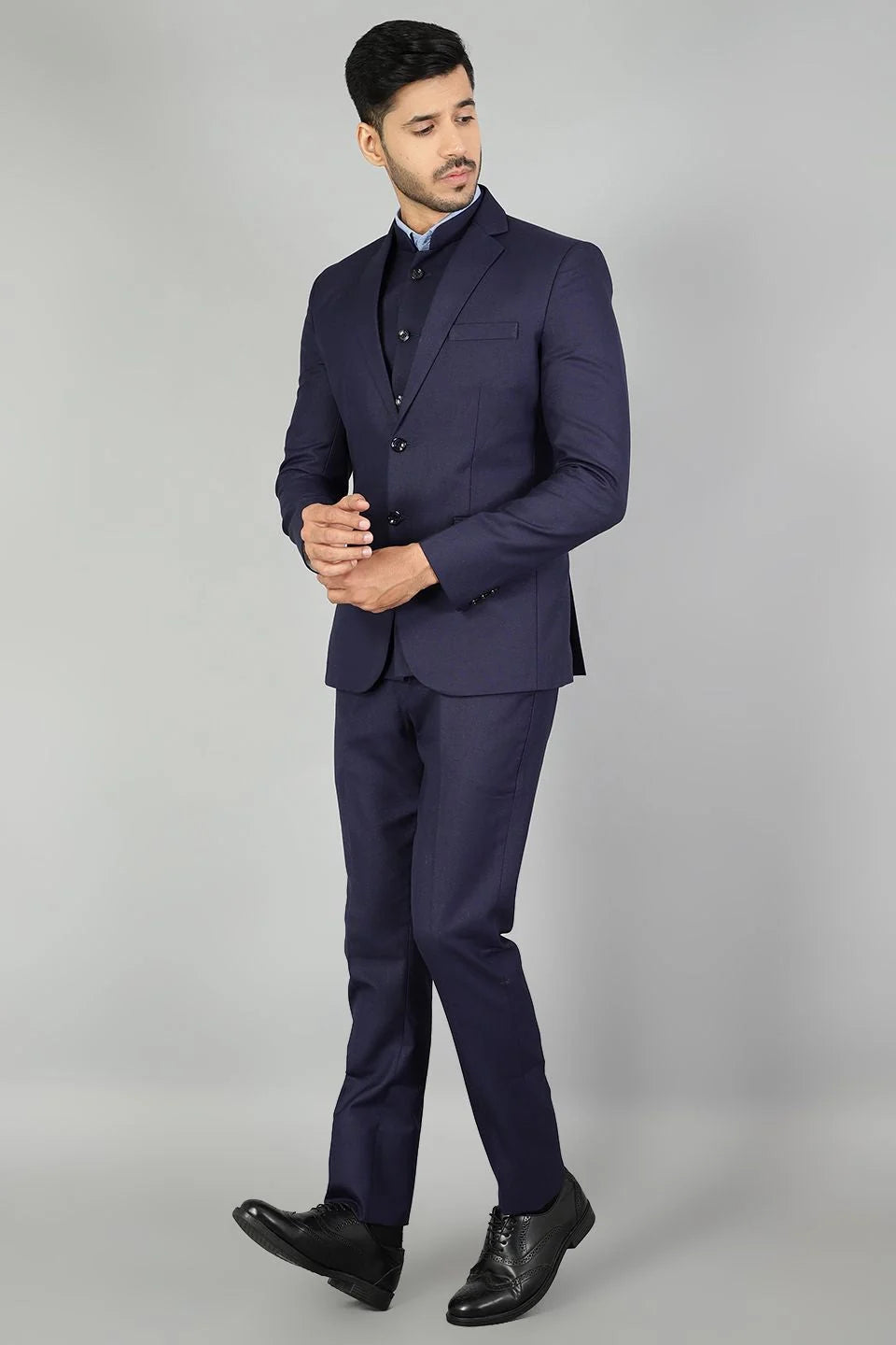 Polyester Cotton Plain Blue Three Piece Suit