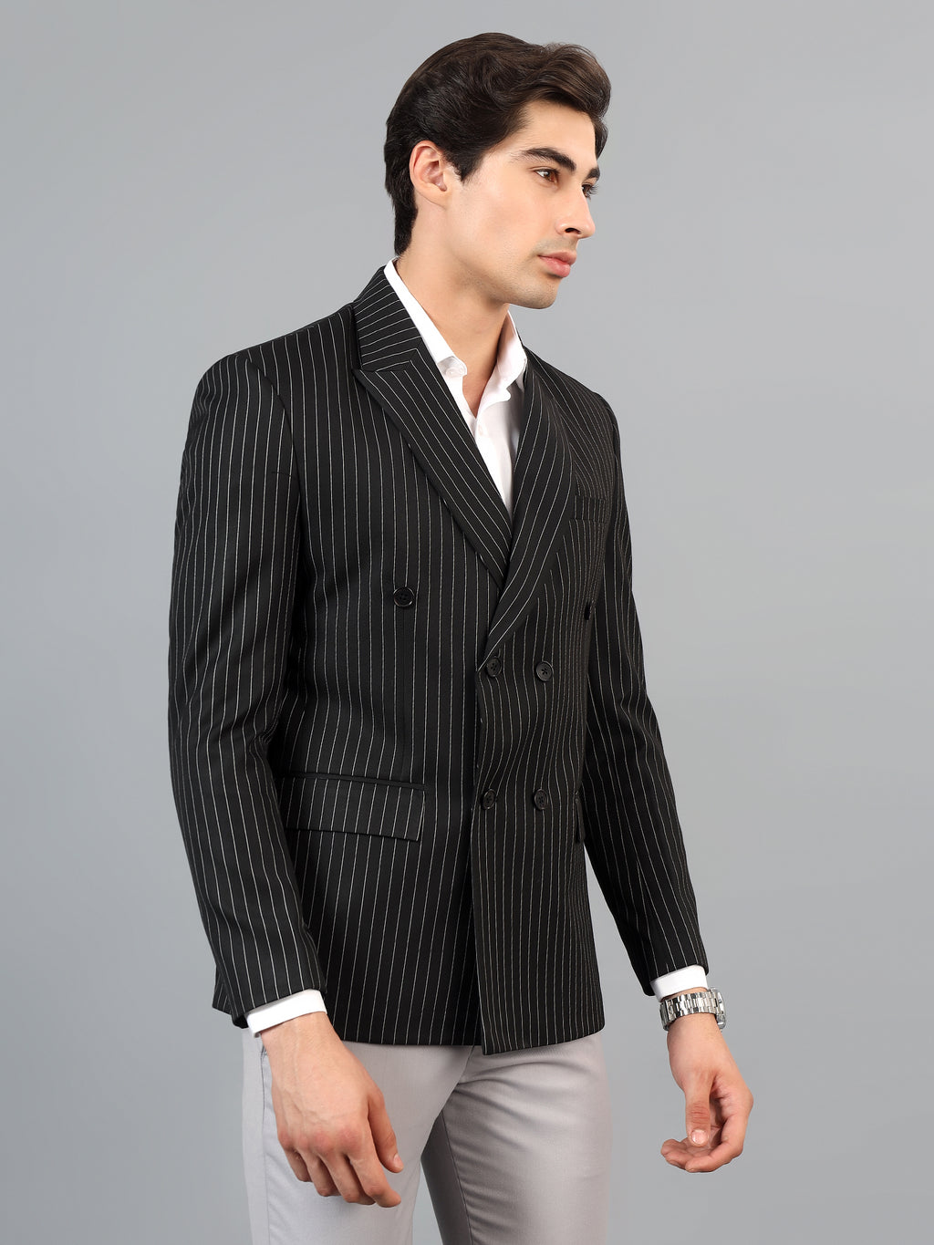 Men's Black Slim Fit Solid Double Breasted Striped Formal Blazer