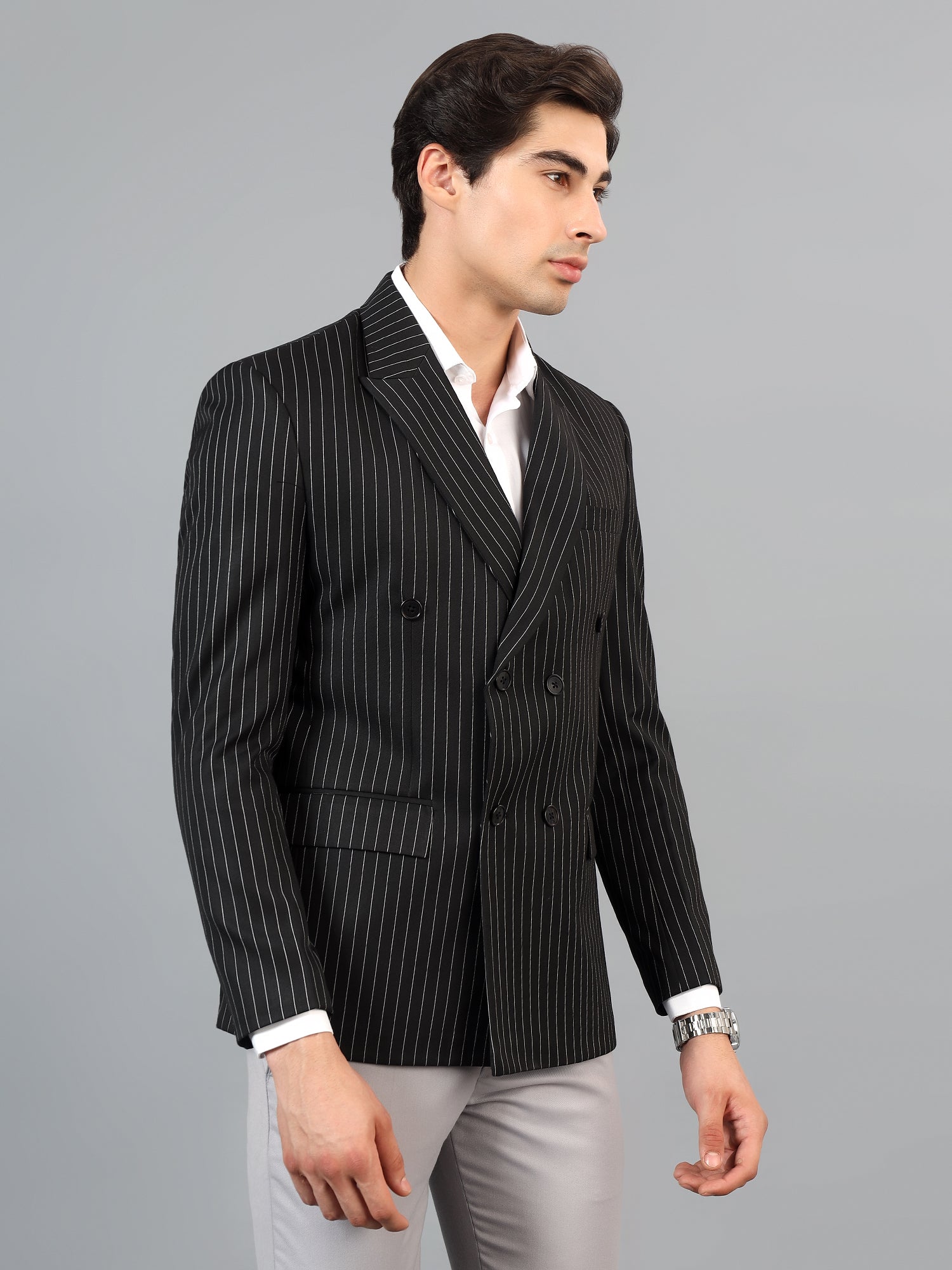 Men's Black Slim Fit Solid Double Breasted Striped Formal Blazer