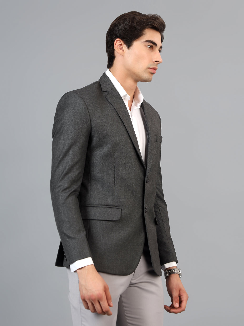 Men's Dark Grey Slim Fit Solid Single Breasted Formal Blazer
