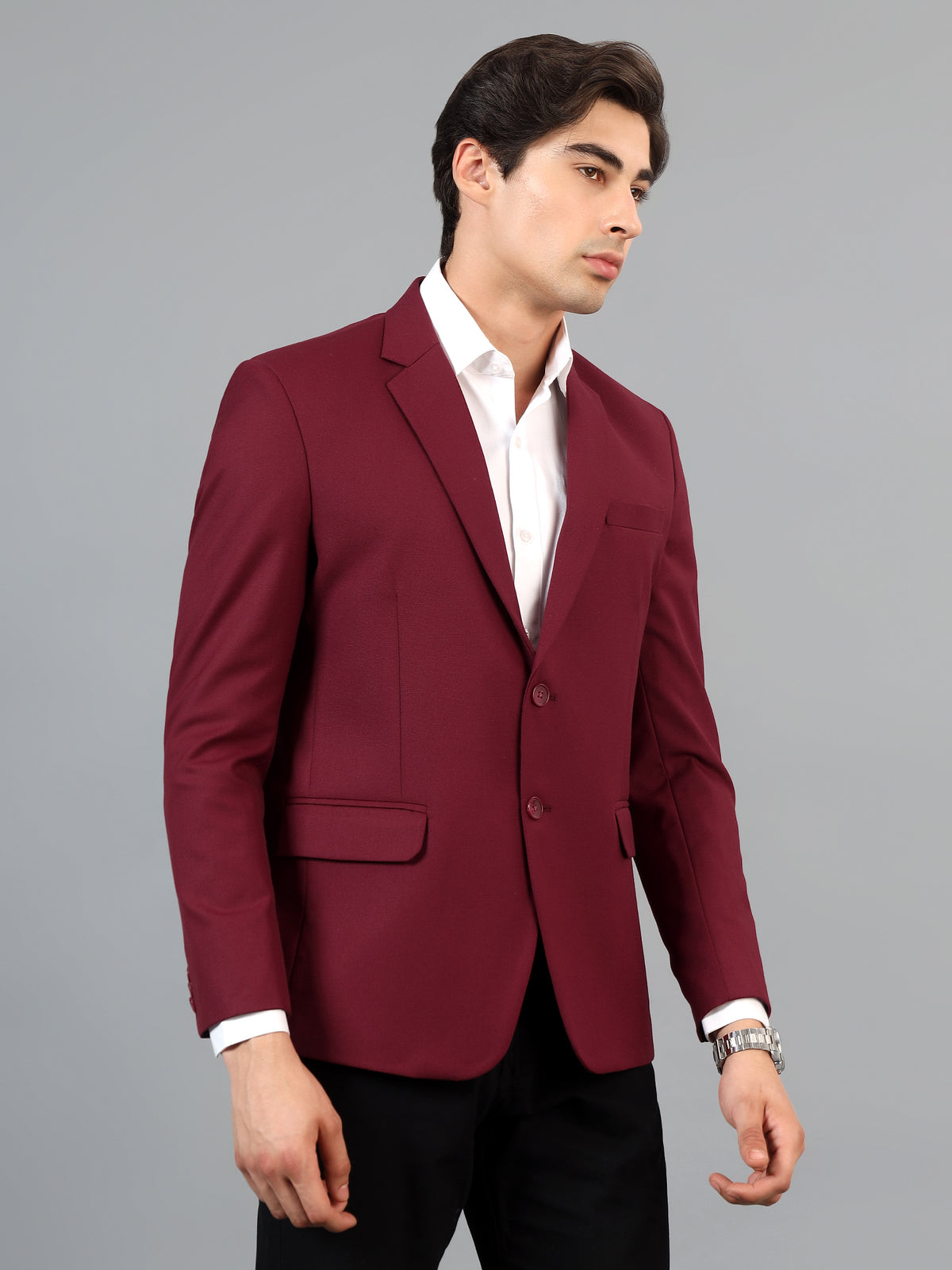 Men's Maroon Slim Fit Solid Single Breasted Formal Blazer