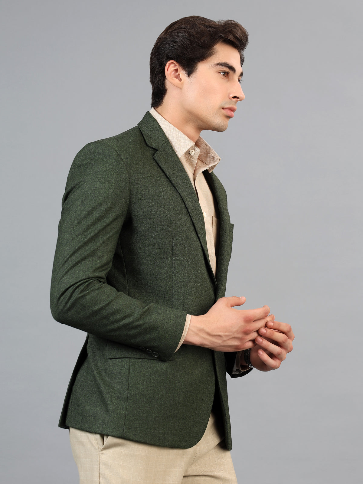 Men's Mehendi Green Grey Slim Fit Solid Single Breasted Formal Blazer