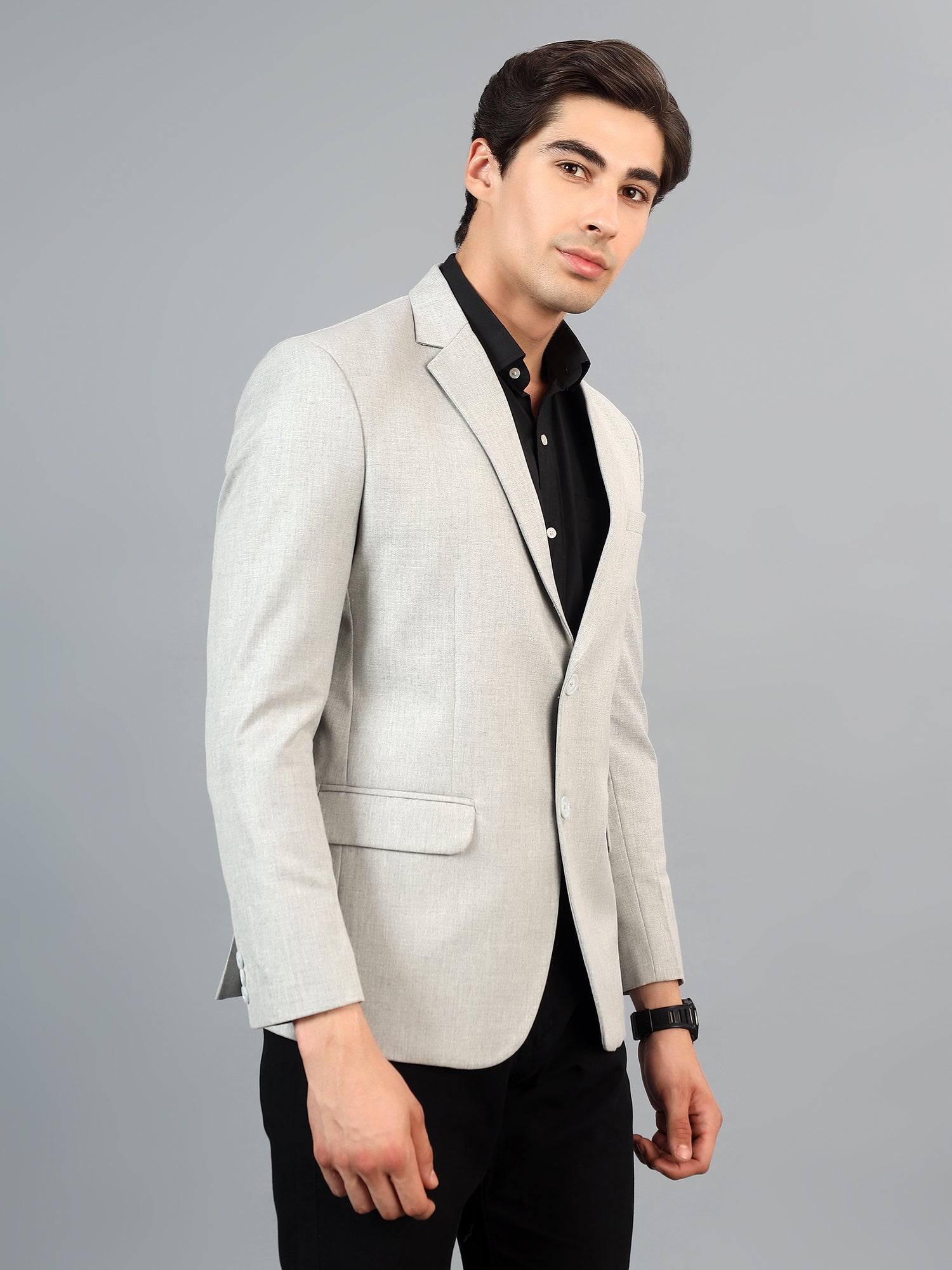 Men's LightGrey Slim Fit Solid Single Breasted Formal Blazer