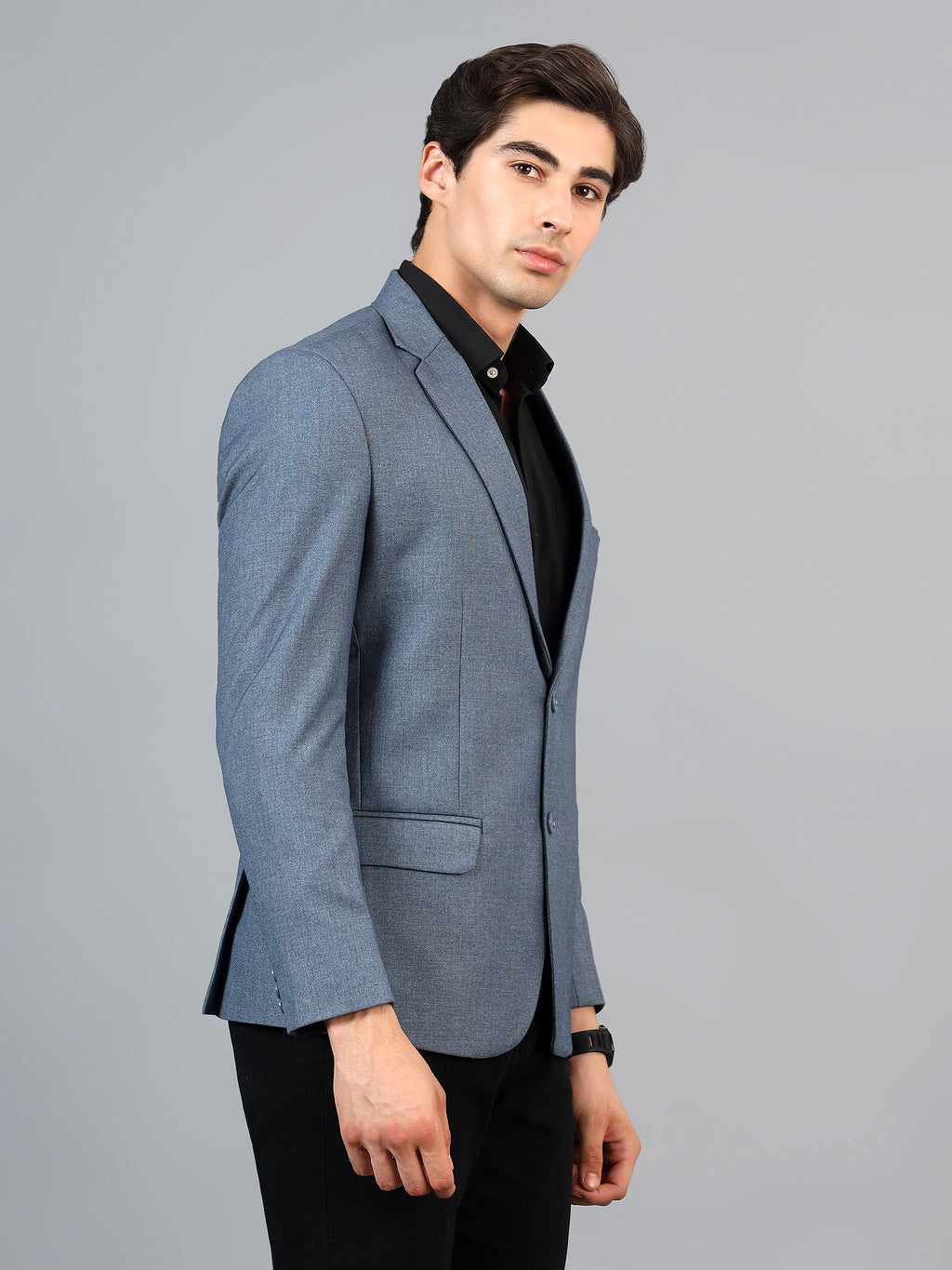 Men's Blue Slim Fit Solid Single Breasted Formal Blazer