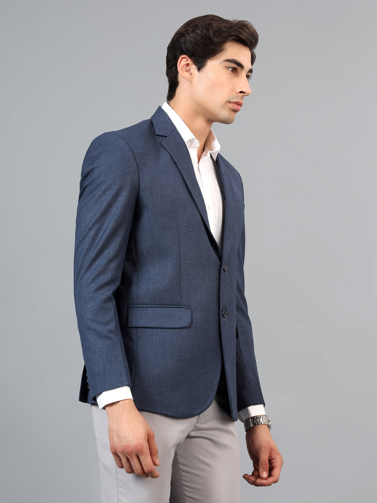 Men's Navy Blue Slim Fit Solid Single Breasted Formal Blazer