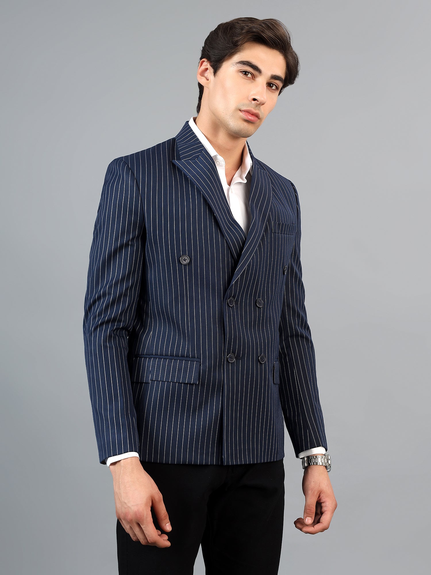 Men's Navy Blue Slim Fit Solid Double Breasted Striped Formal Blazer