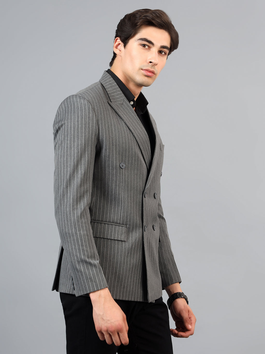 Men's Grey Slim Fit Solid Double Breasted Striped Formal Blazer