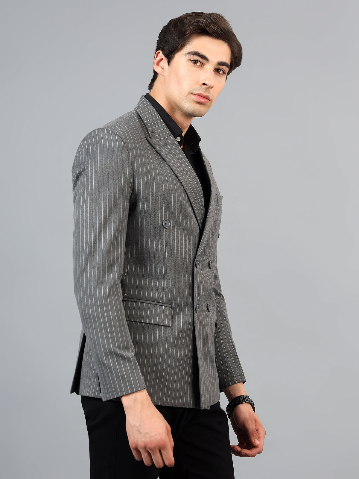 Men's Grey Slim Fit Solid Double Breasted Striped Formal Blazer