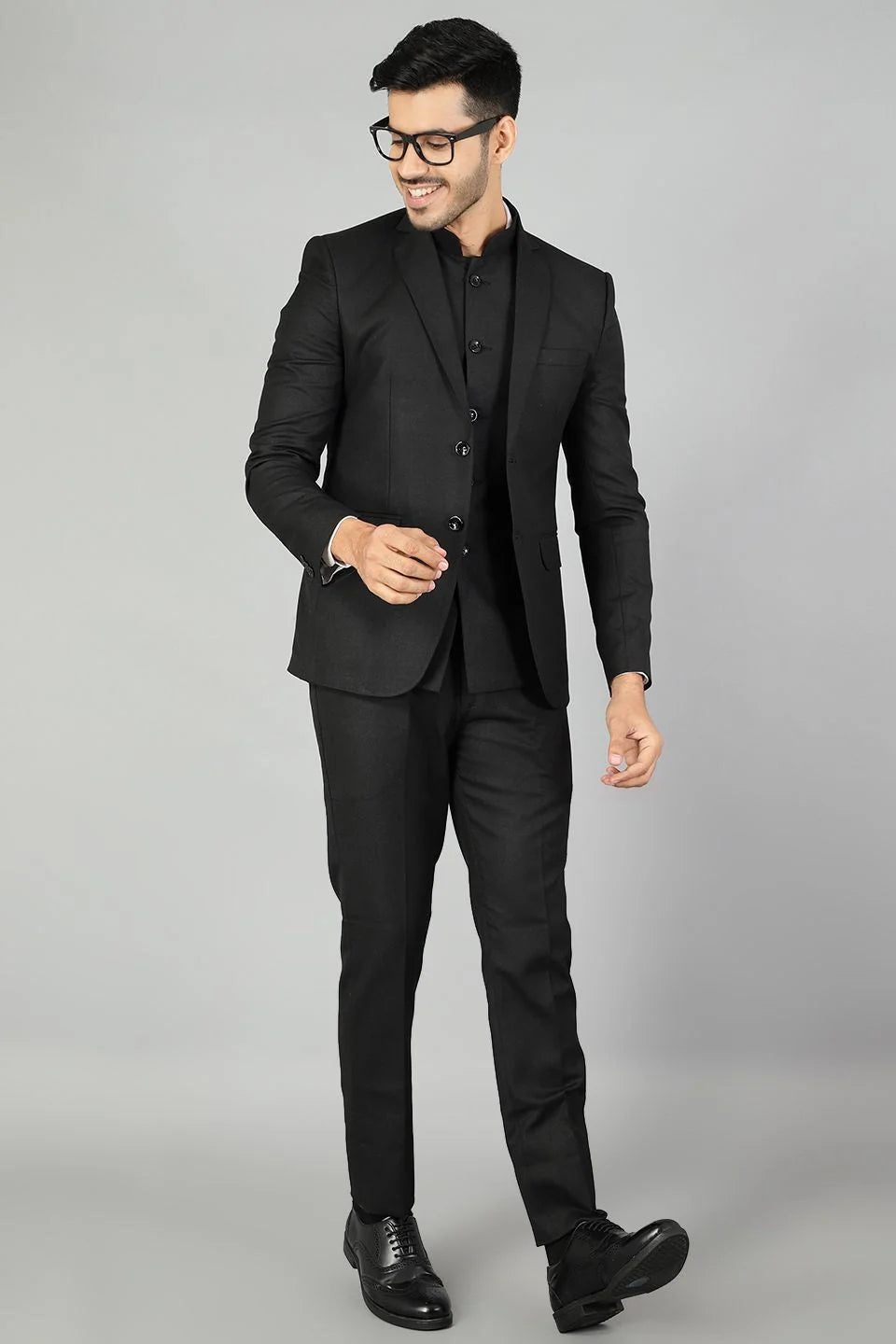 Polyester Cotton Plain Black Three Piece Suit
