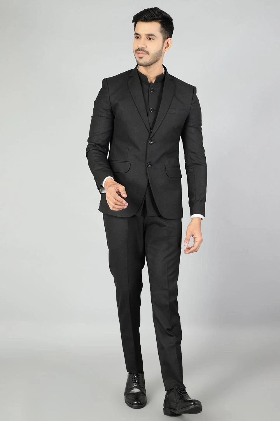 Polyester Cotton Plain Black Three Piece Suit