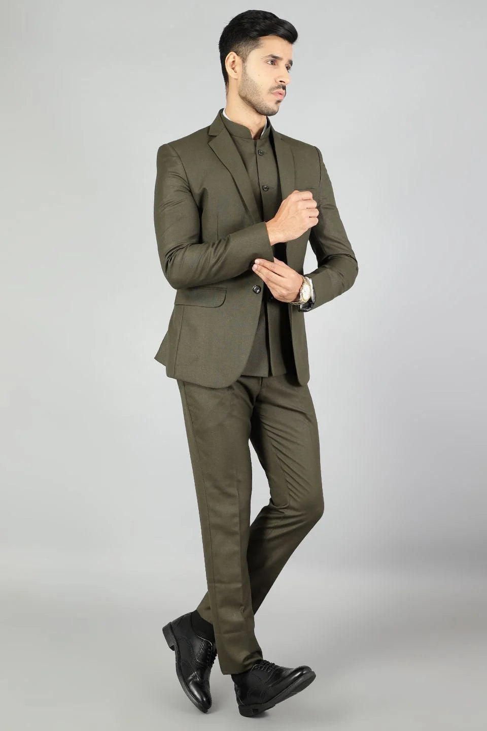Polyester Cotton Plain Green Three Piece Suit