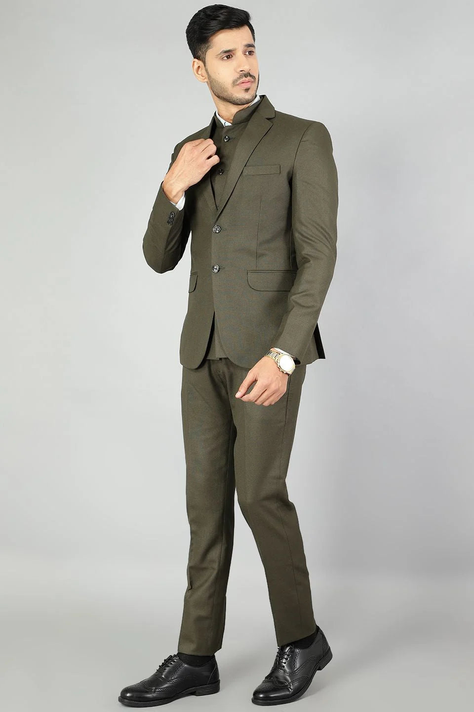 Polyester Cotton Plain Green Three Piece Suit