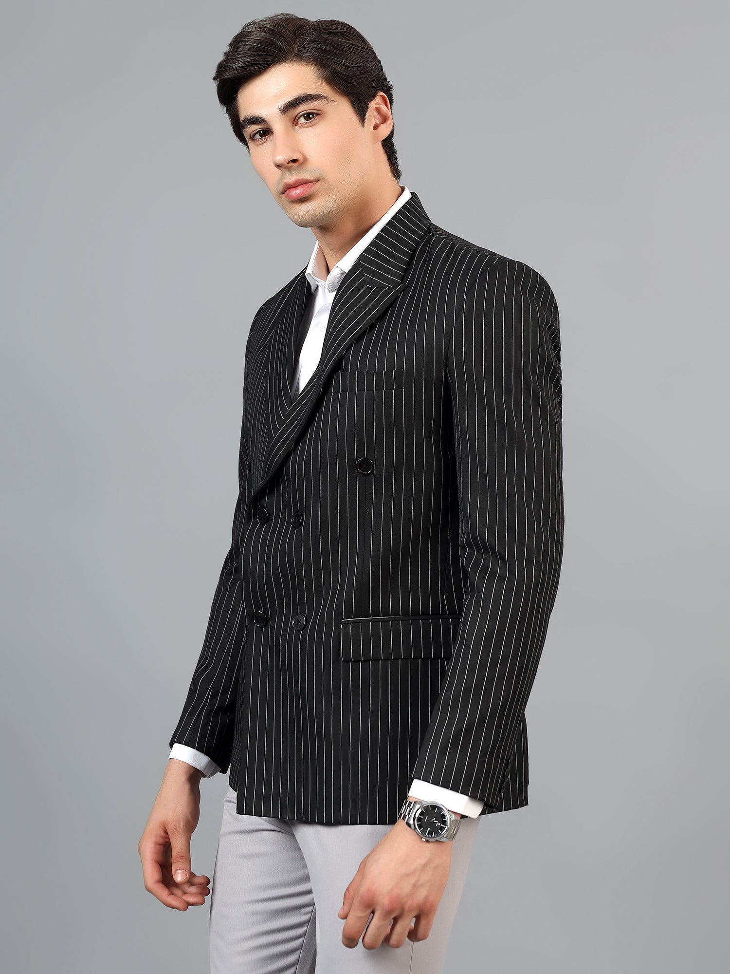 Men's Black Slim Fit Solid Double Breasted Striped Formal Blazer
