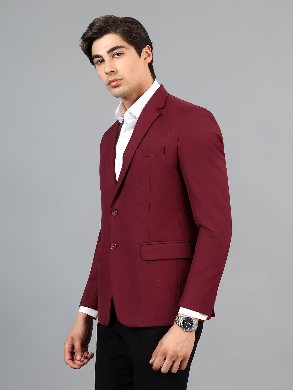 Men's Maroon Slim Fit Solid Single Breasted Formal Blazer