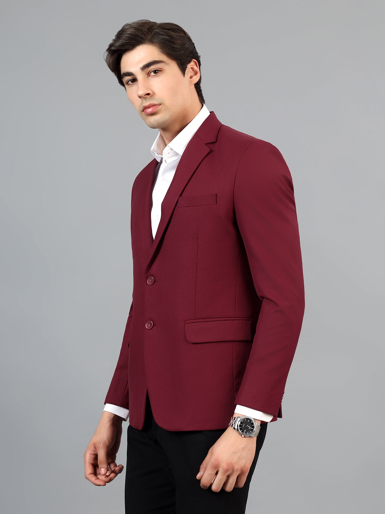 Men's Maroon Slim Fit Solid Single Breasted Formal Blazer