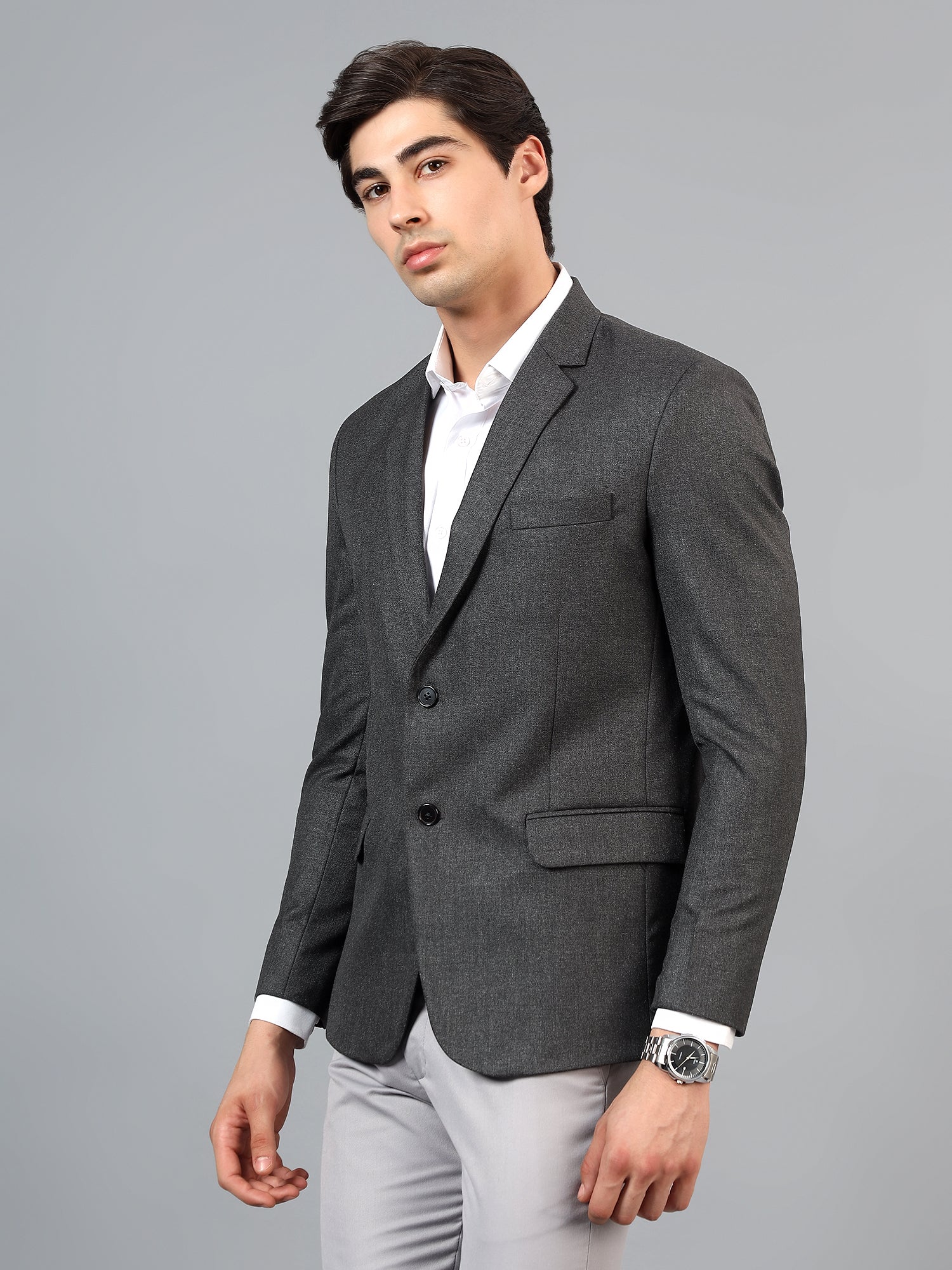 Men's Dark Grey Slim Fit Solid Single Breasted Formal Blazer