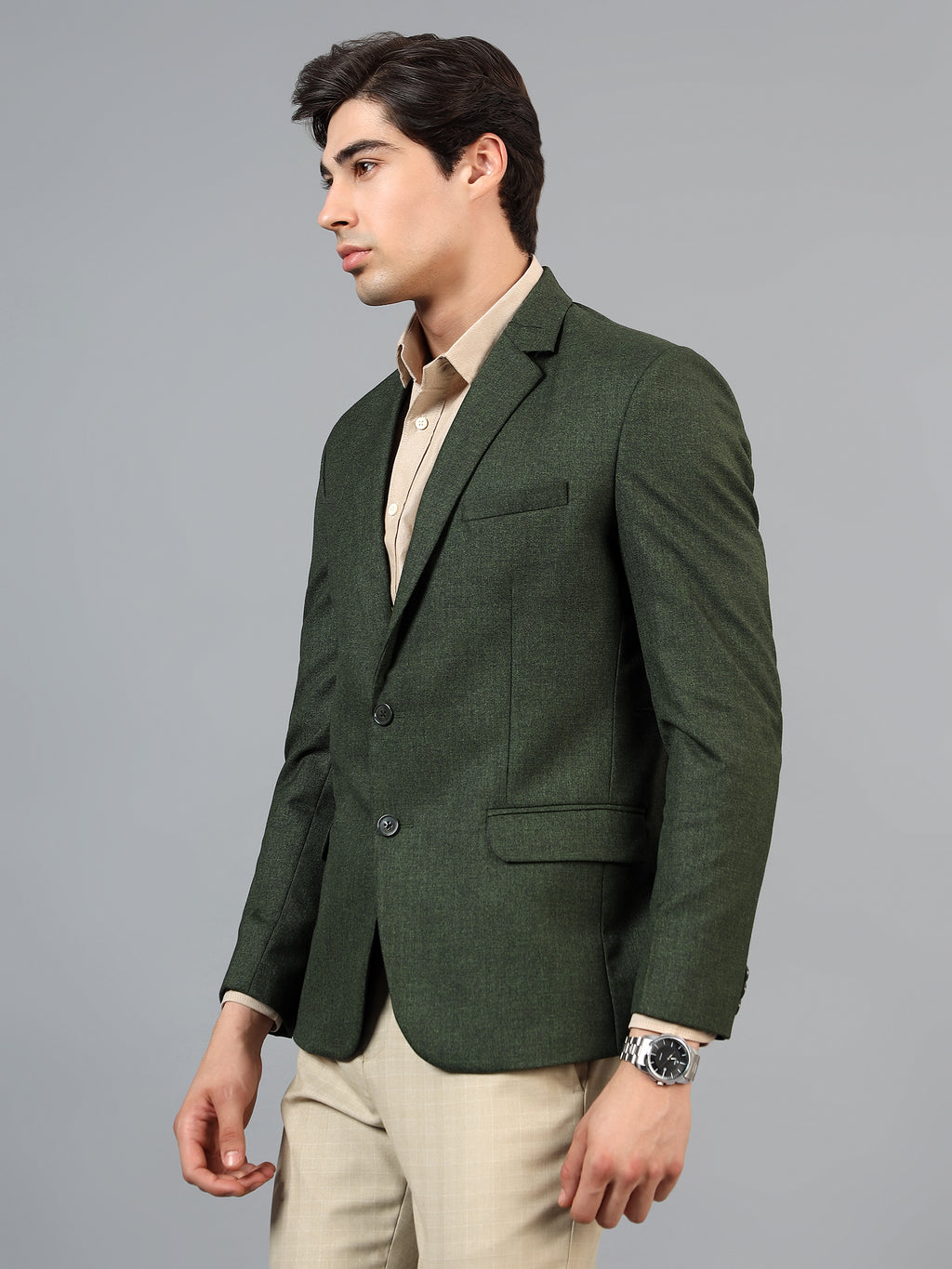 Men's Mehendi Green Grey Slim Fit Solid Single Breasted Formal Blazer