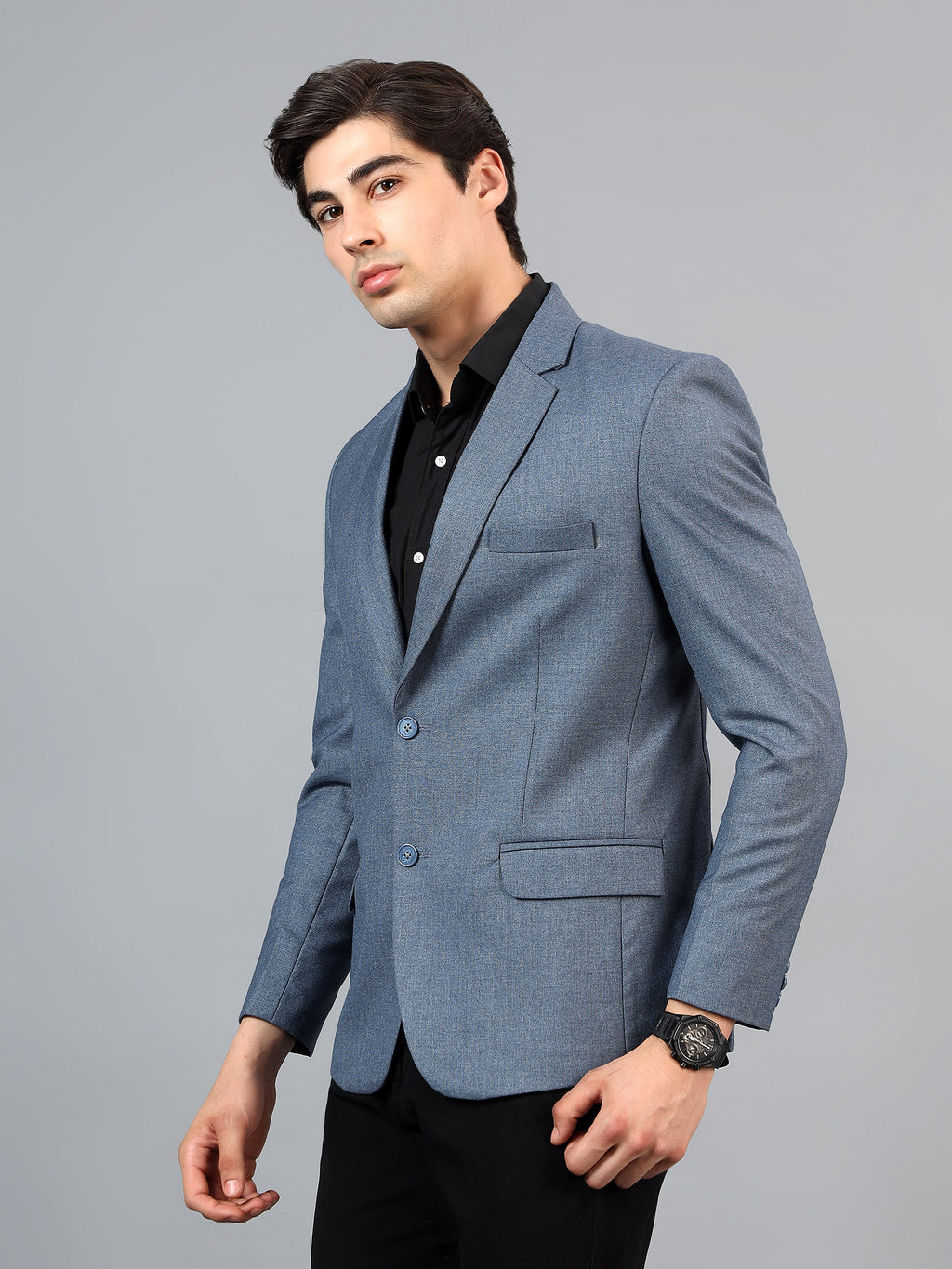 Men's Blue Slim Fit Solid Single Breasted Formal Blazer