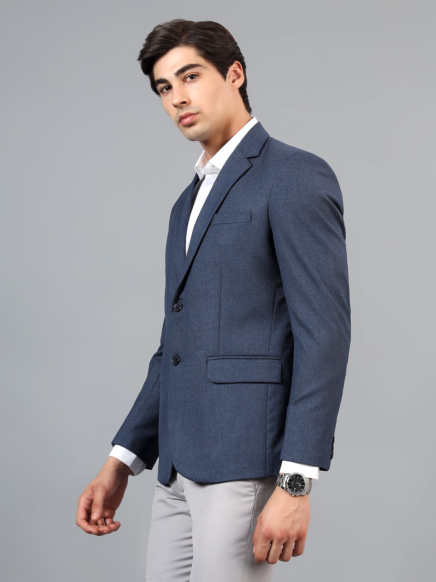Men's Navy Blue Slim Fit Solid Single Breasted Formal Blazer