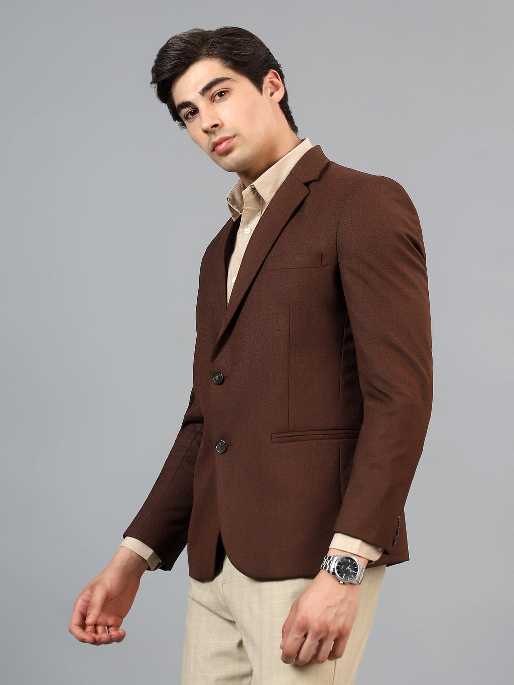 Men's Brown Slim Fit Solid Single Breasted Formal Blazer