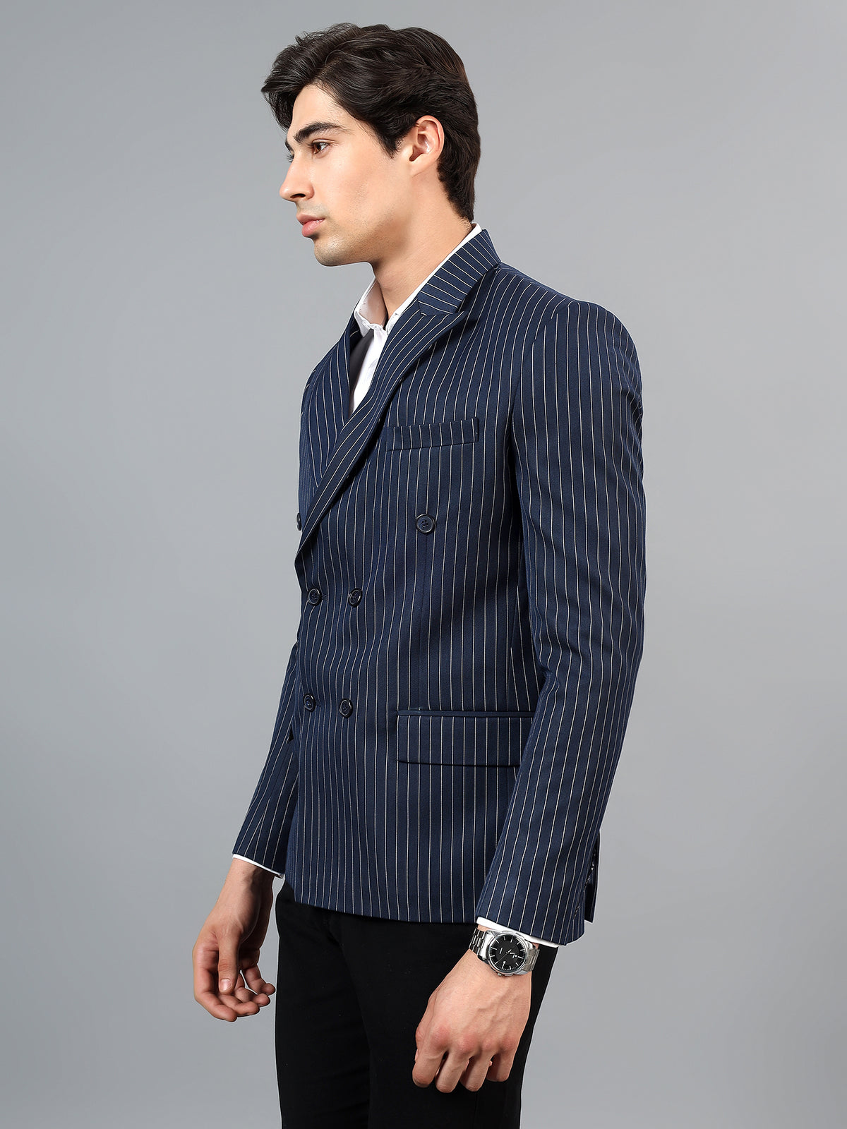 Men's Navy Blue Slim Fit Solid Double Breasted Striped Formal Blazer