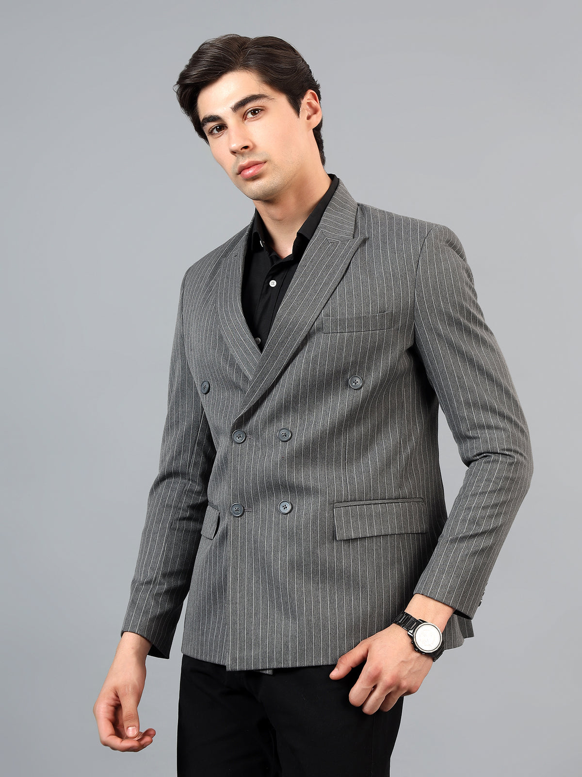 Men's Grey Slim Fit Solid Double Breasted Striped Formal Blazer