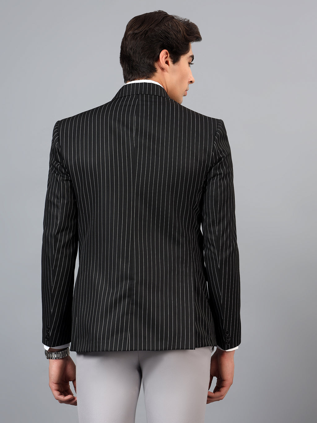 Men's Black Slim Fit Solid Double Breasted Striped Formal Blazer
