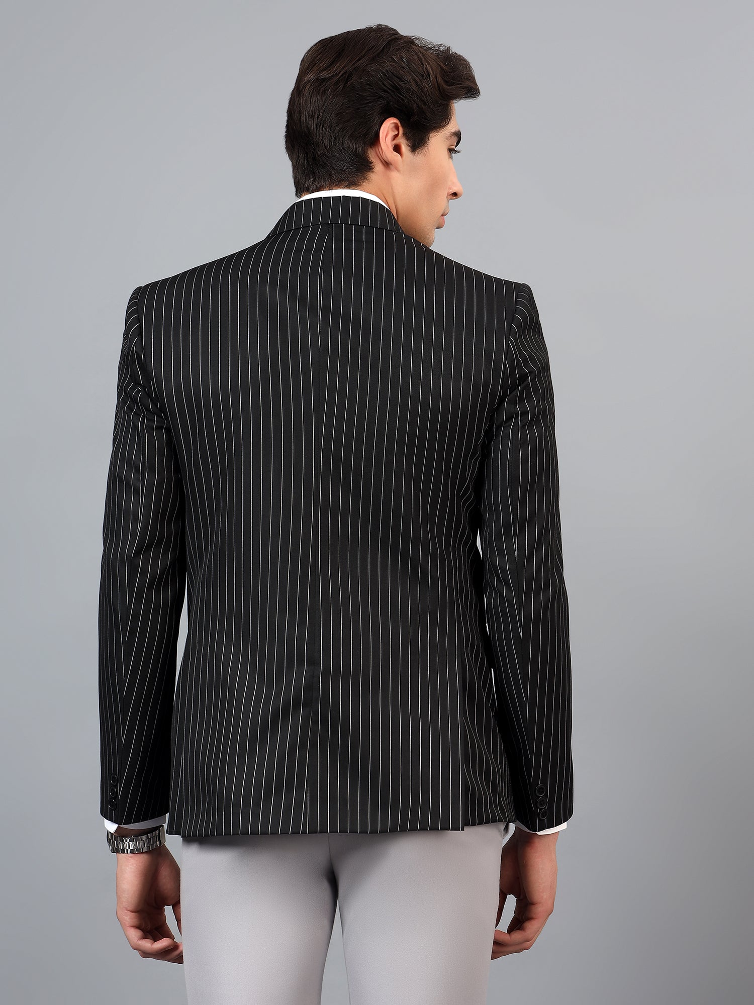 Men's Black Slim Fit Solid Double Breasted Striped Formal Blazer