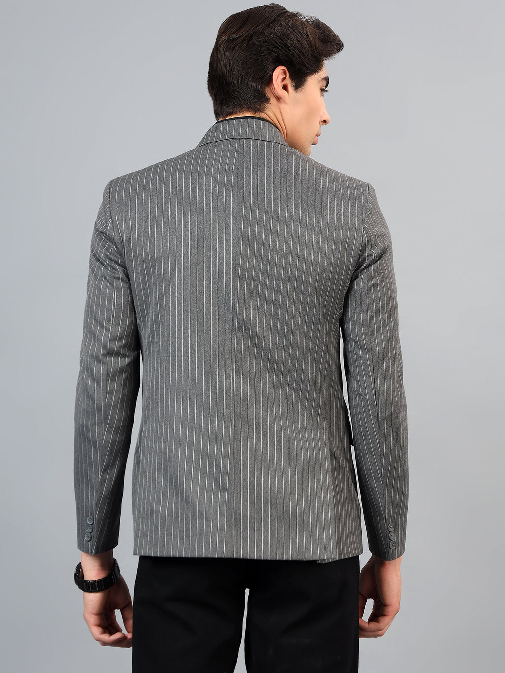 Men's Grey Slim Fit Solid Double Breasted Striped Formal Blazer
